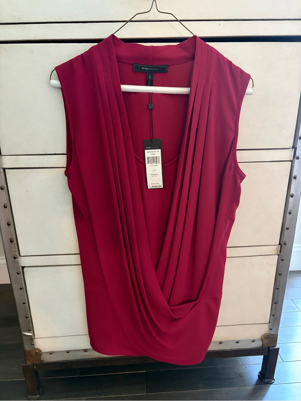 BCBGMAXAZRIA Sleeveless Draped Cowl Neck Top Blouse Tunic in Ruby Red Wine - NWT